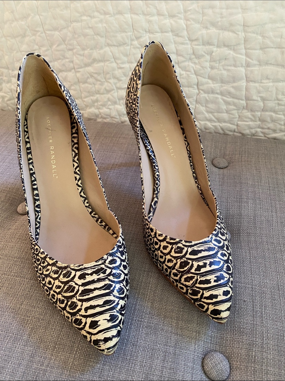 Loeffler Randall Black and Cream Patterned Pointed-Toe Pumps